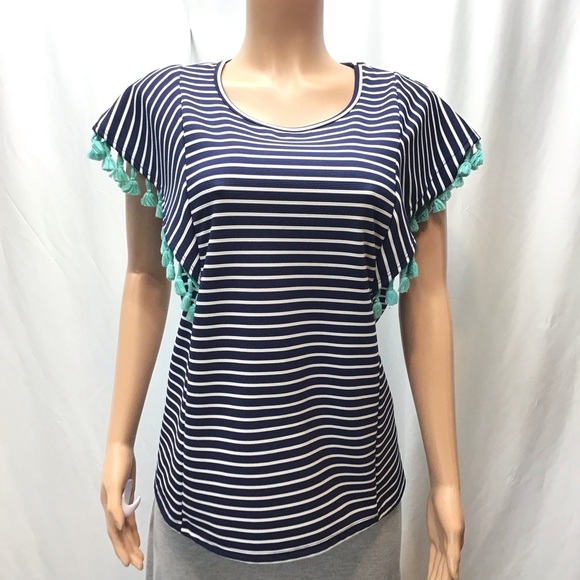 Twenty Second Boho Blue Striped Short Tassel Sleeve Top Size Medium - Picture 2 of 7